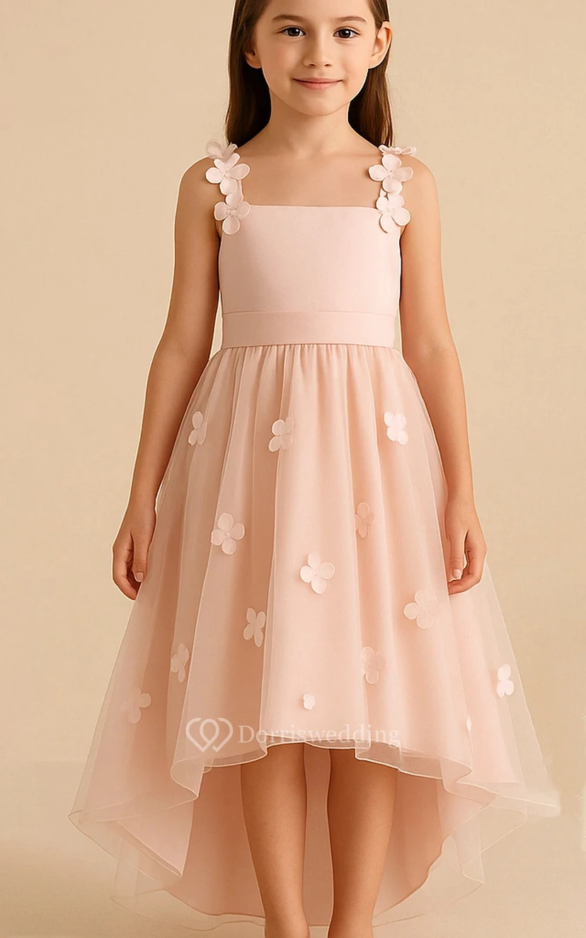 Pink High-low Chiffon Flowergirl Dress with Back Bow