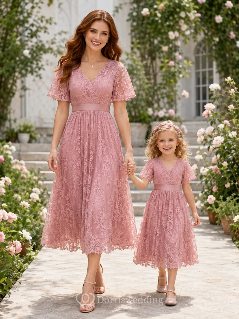Robe romantique rose poudré à manches courtes et dentelle, coupe trapèze, ornée de bijoux et de dentelle, longueur thé.