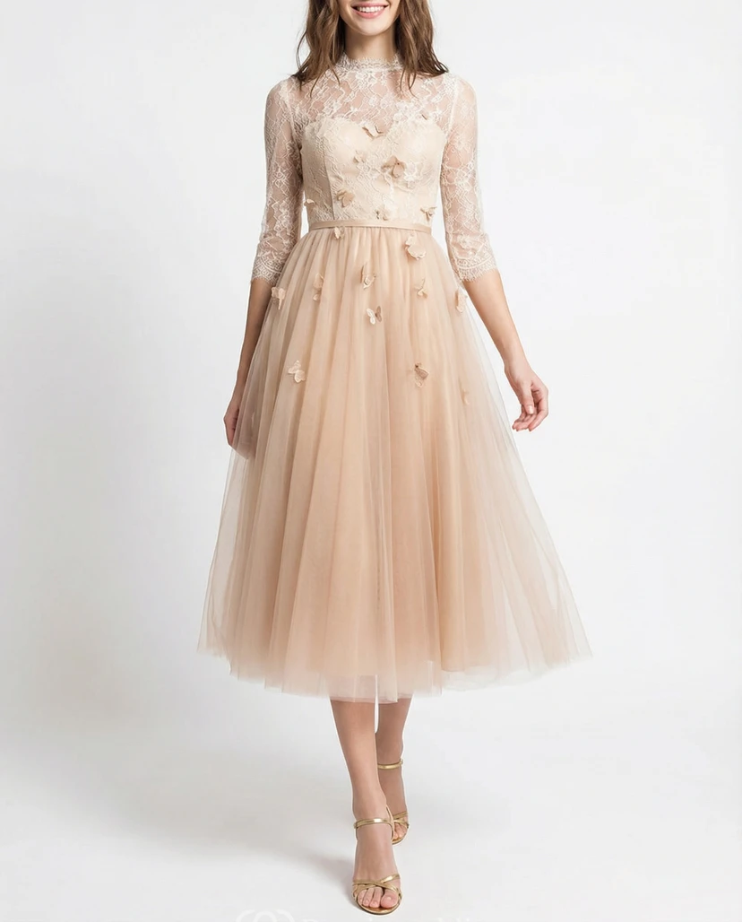 Tüllkleid mit hohem Kragen und Teelänge, Illusionseffekt