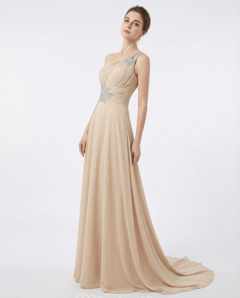 One-Shoulder Beaded Gown with Sweep Train