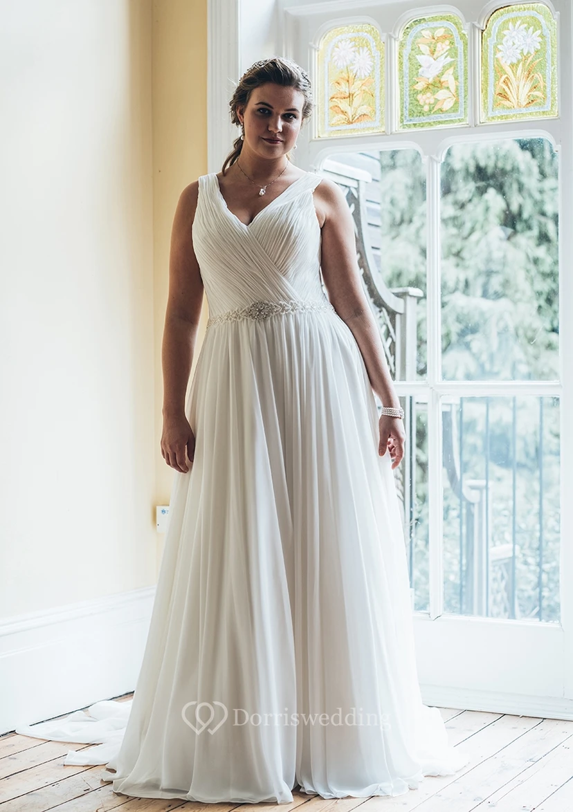 A-Line Floor-Length V-Neck Sleeveless Chiffon Court Train Ruching Dress view 2