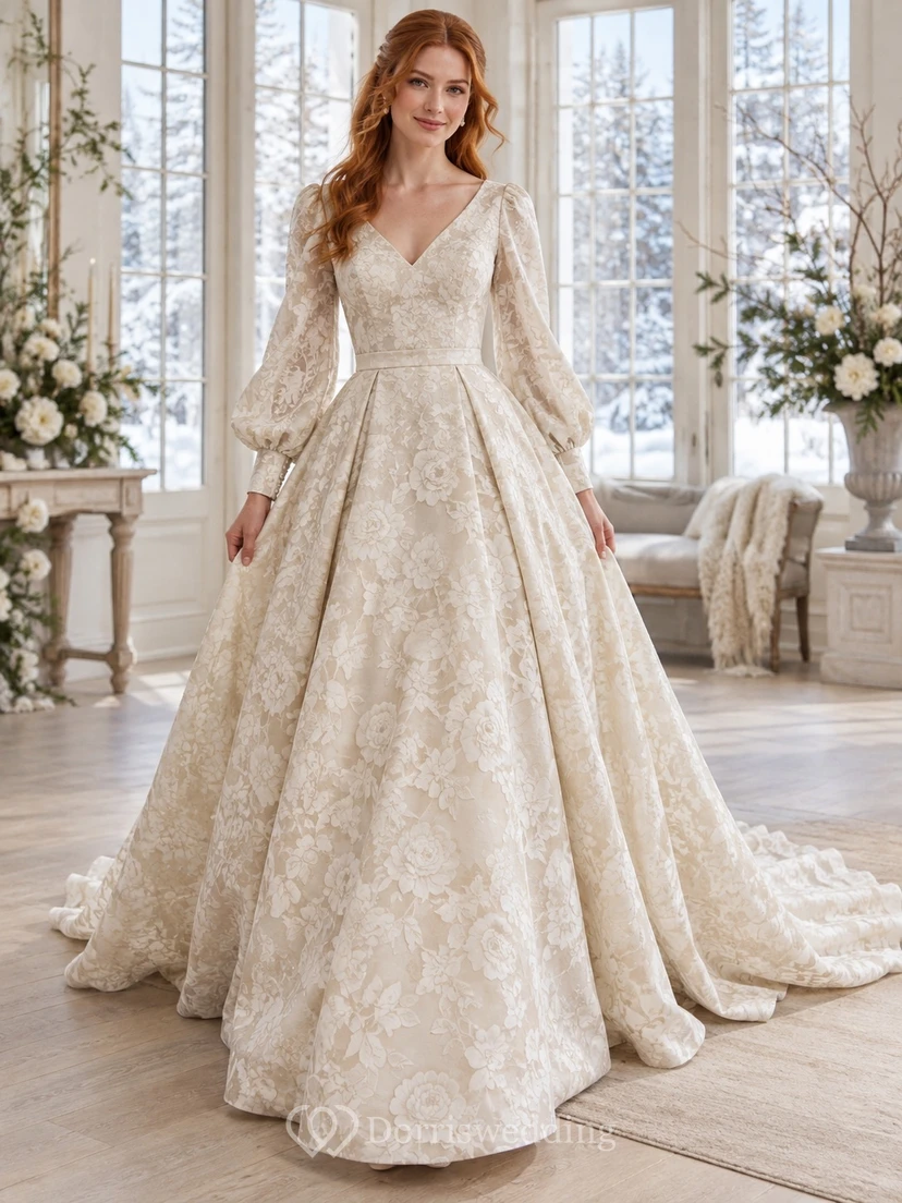 Vestido de novia de baile de brocado floral con escote en V y mangas abullonadas largas