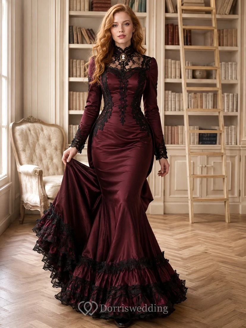 Burgunderfarbenes Meerjungfrauenkleid im viktorianischen Stil mit hohem Kragen, langen Ärmeln und Spitze