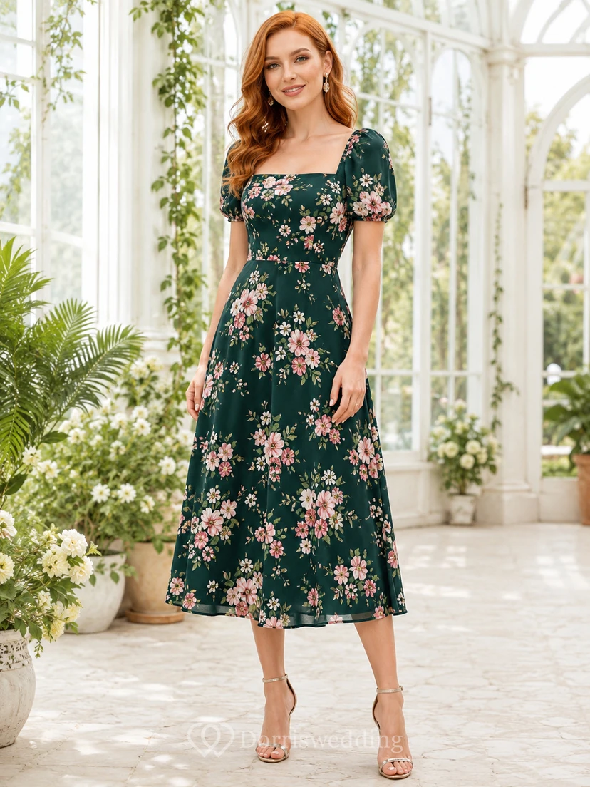 Vestido midi de invitada con cuello cuadrado y mangas abullonadas, estampado floral verde oscuro.