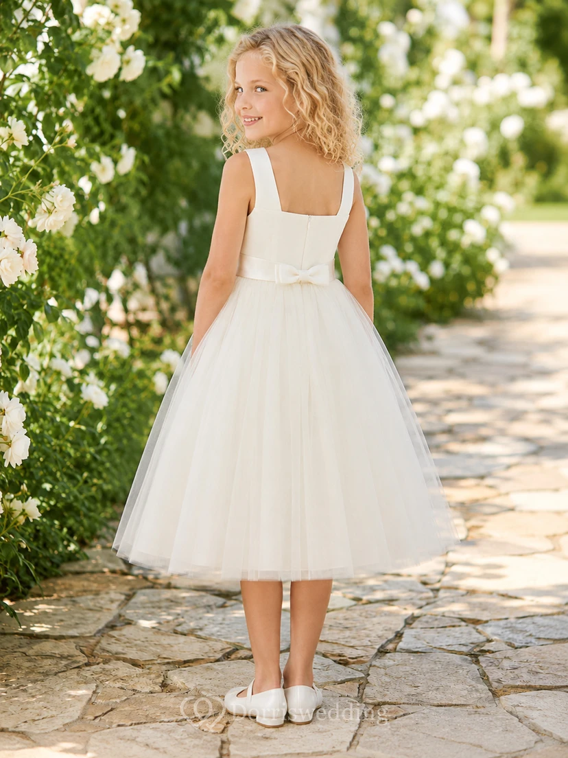 Square Neck Sleeveless Tea-Length A-Line Flower Girl Garden Wedding Tulle Dress With Bow view 2
