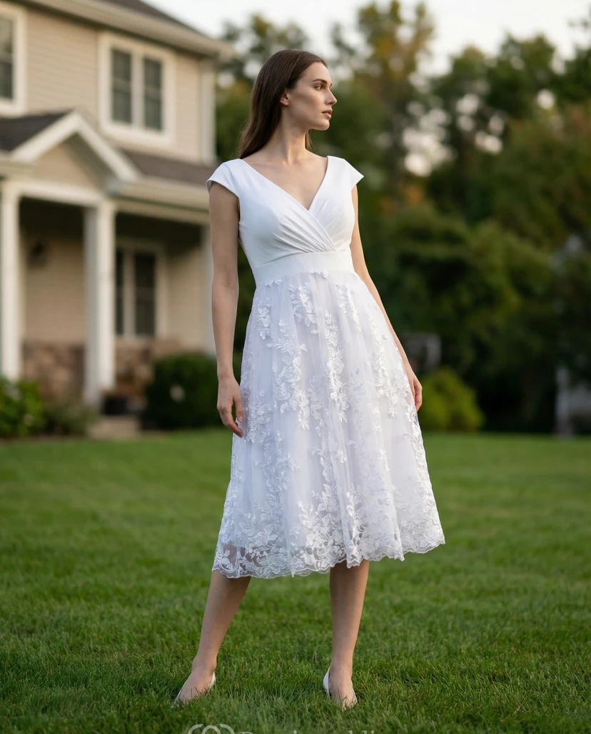 Plus Size Tea-Length Chiffon Gown with Low-V Back