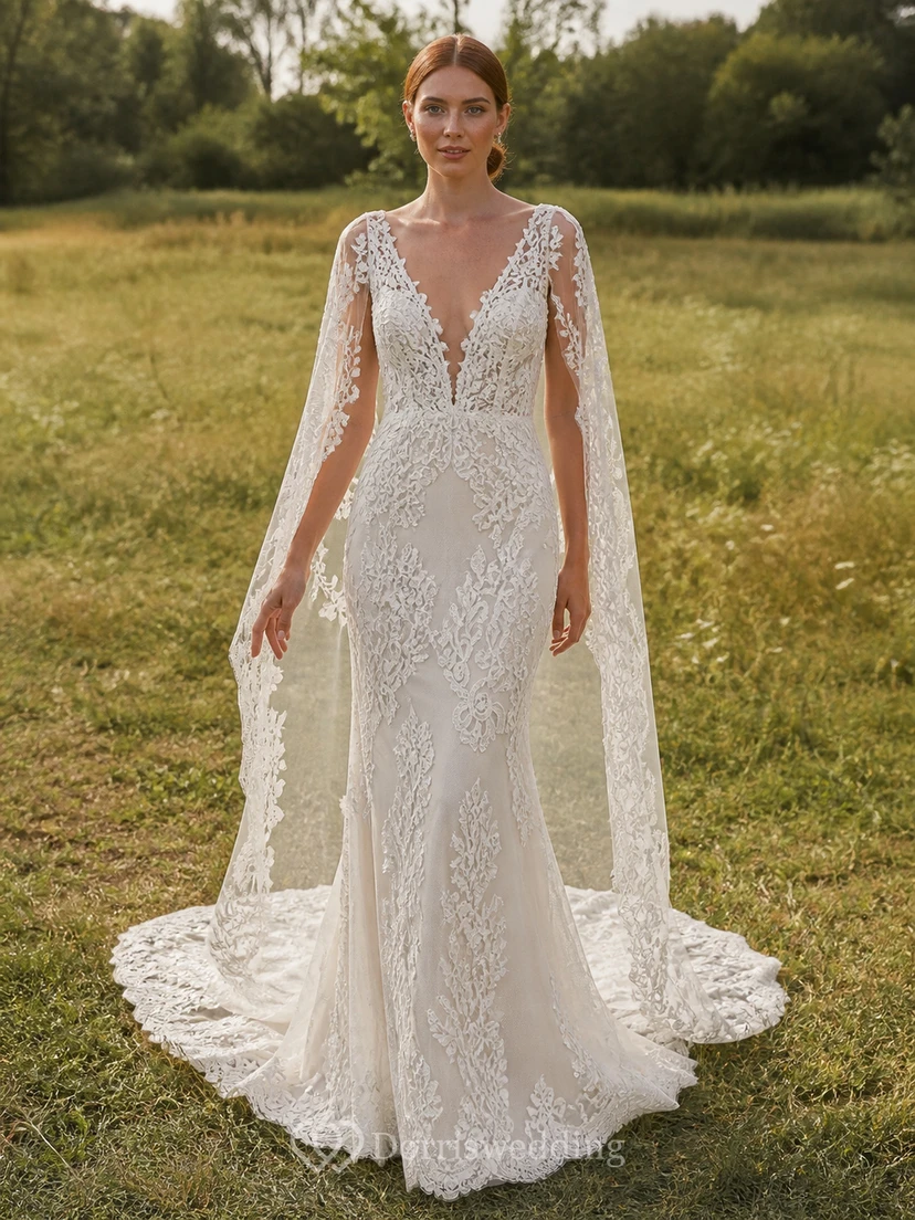 Vestido de novia de lujo de manga larga estilo sirena con escote en V, capa de encaje y cola catedral.