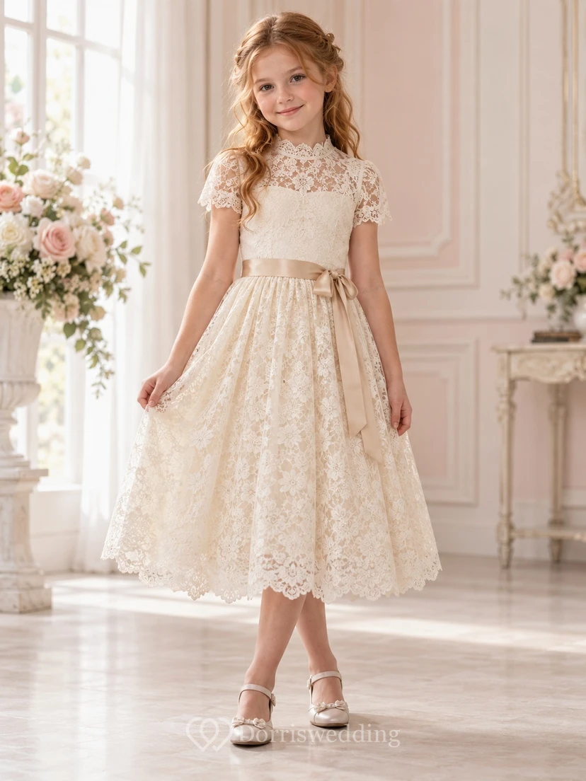 Vestido de niña de flores de corte A, largo hasta la rodilla, cuello alto, estampado floral color marfil, encaje, mangas cortas y fajín color champán.