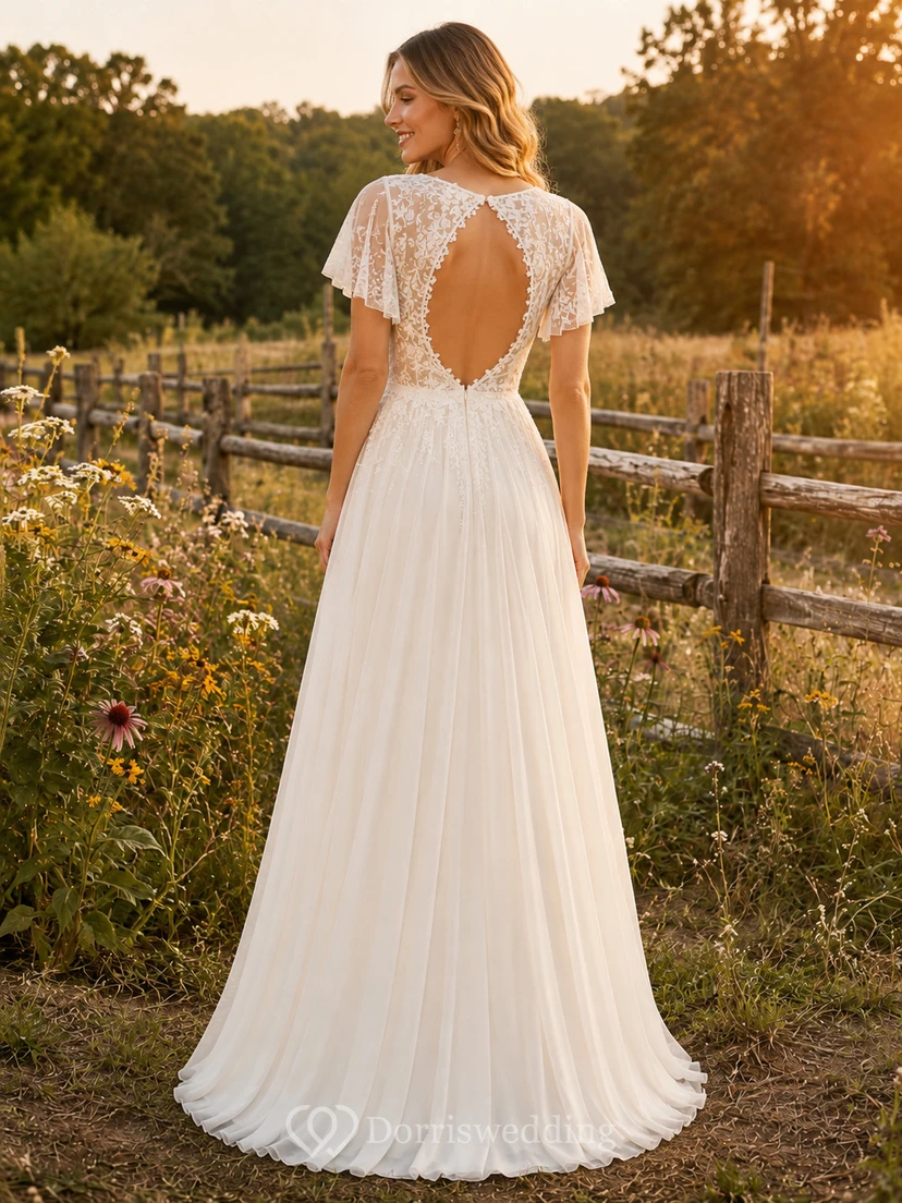 Brautkleid im Landhausstil aus Chiffon und Spitze, A-Linie, V-Ausschnitt, ärmellos, Kapellenschleppe, tiefer V-Ausschnitt am Rücken view 2