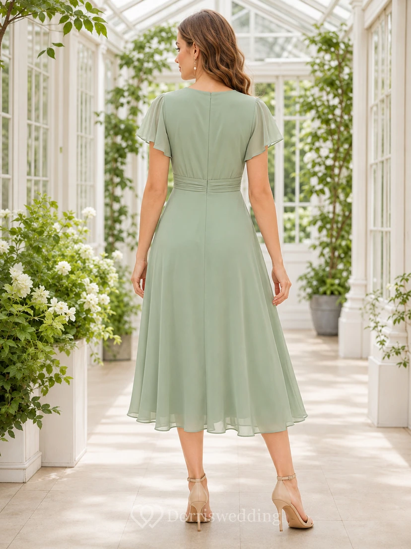 Salbeifarbenes Chiffon-Kleid in A-Linie, Teelänge, Wickeloptik, V-Ausschnitt, flatternde Ärmel view 2