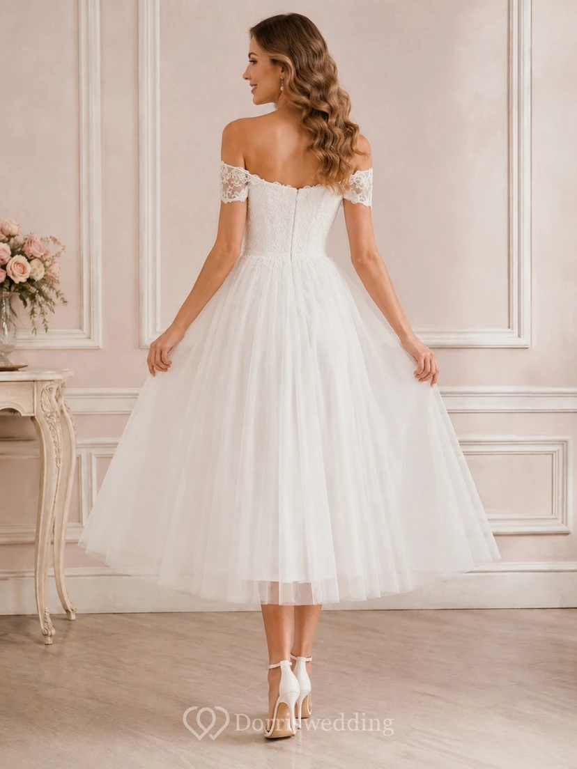 Weißes schulterfreies Tüll-Midikleid in A-Linie mit kurzen Ärmeln view 2