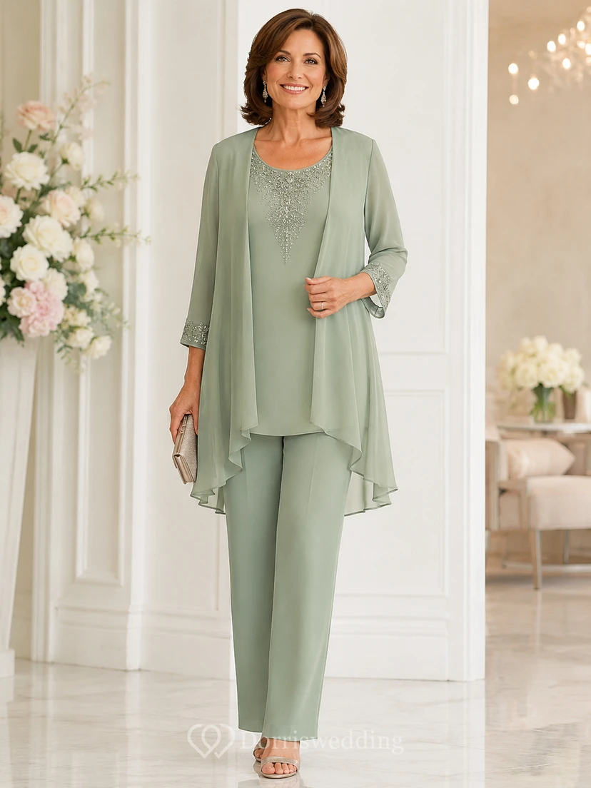 Jumpsuit, knöchellang, Rundhalsausschnitt, 3/4-Ärmel, Chiffon-Hosenanzug mit Jacke