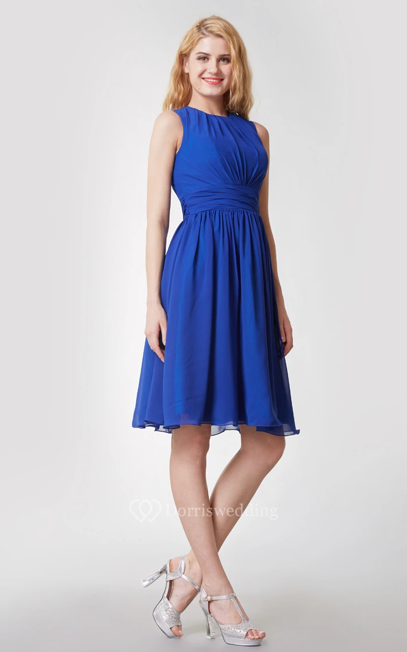 Elegant High Neck Pleated Short Chiffon Dress With Sash view 3