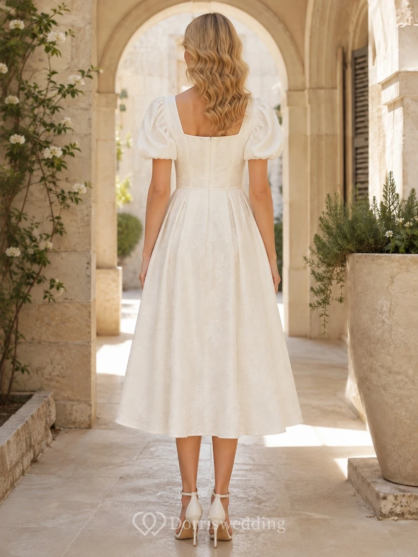 Cocktailkleid mit eckigem Ausschnitt, A-Linie, Spitze, Elfenbein, Puffärmeln view 2