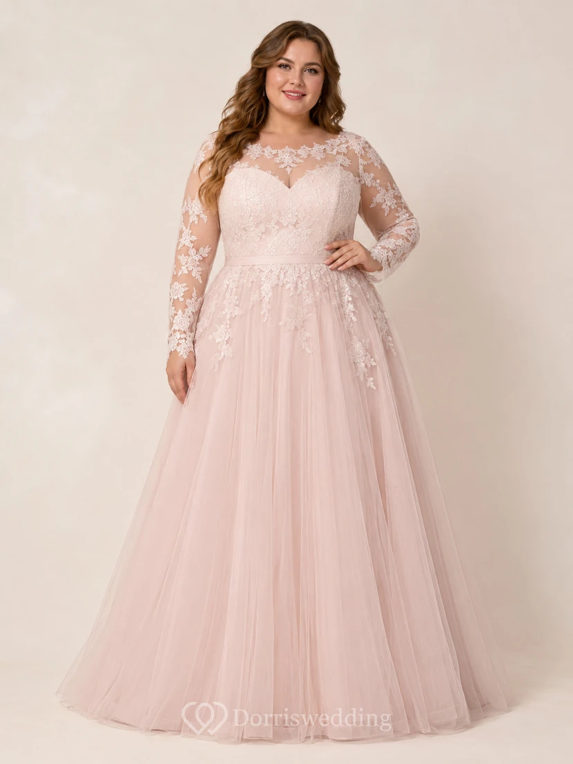 Blush Plus Size High Neck Lace Sleeve A-Line Bridal Gown