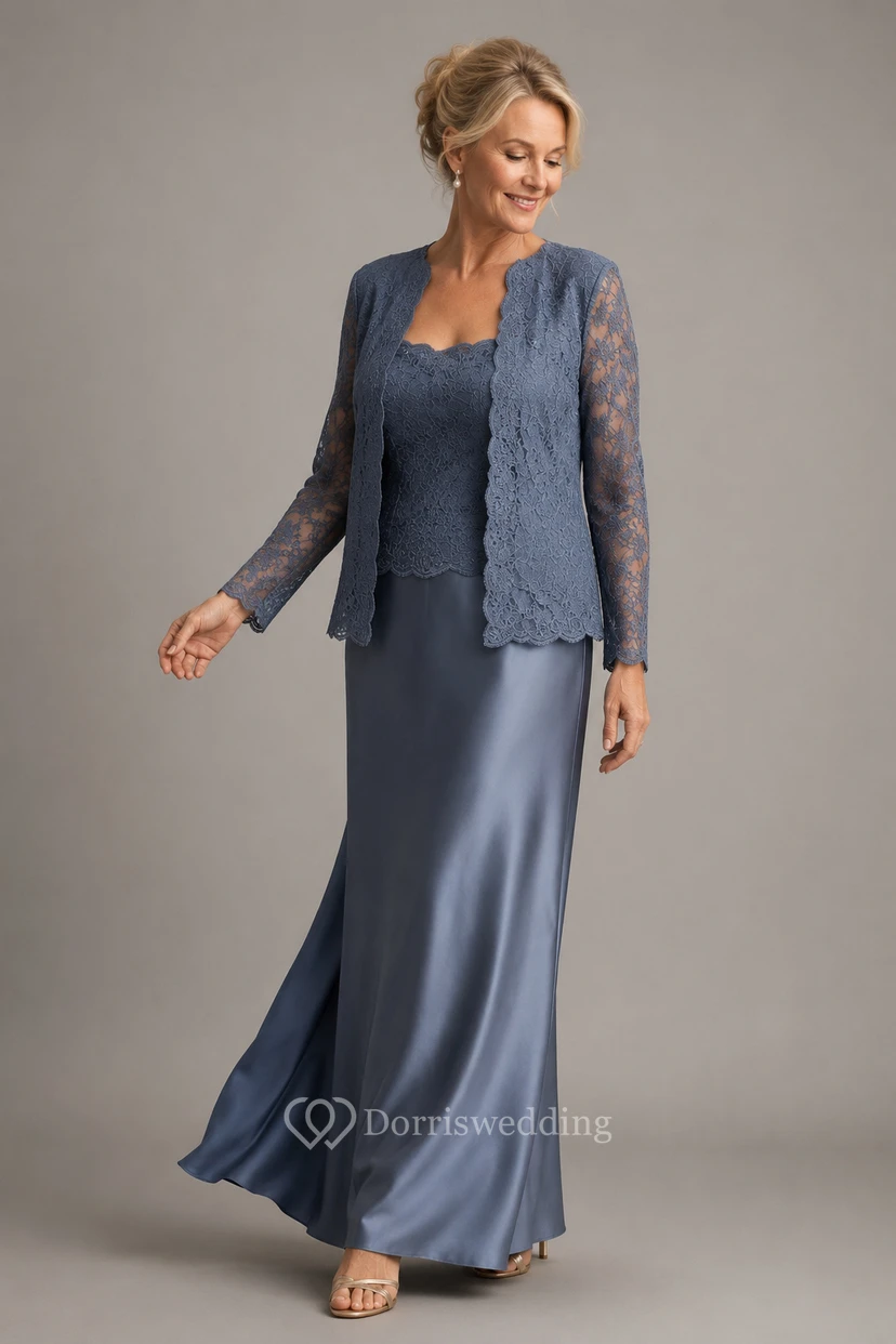Robe de mère de la mariée violette en dentelle, manches longues, longueur au sol, avec veste view 7