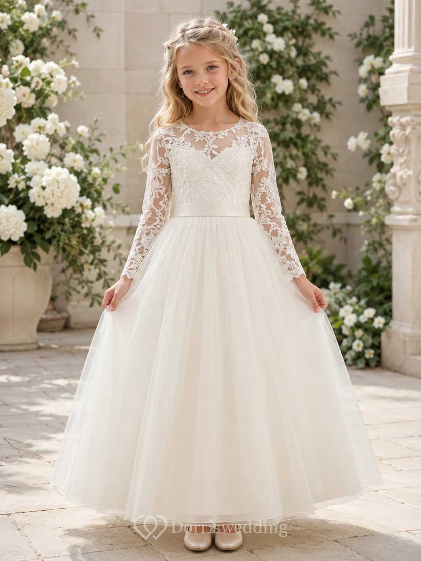 Flower Girl Dress Ivory Lace Tulle A-Line Jewel Neck Tea Length
