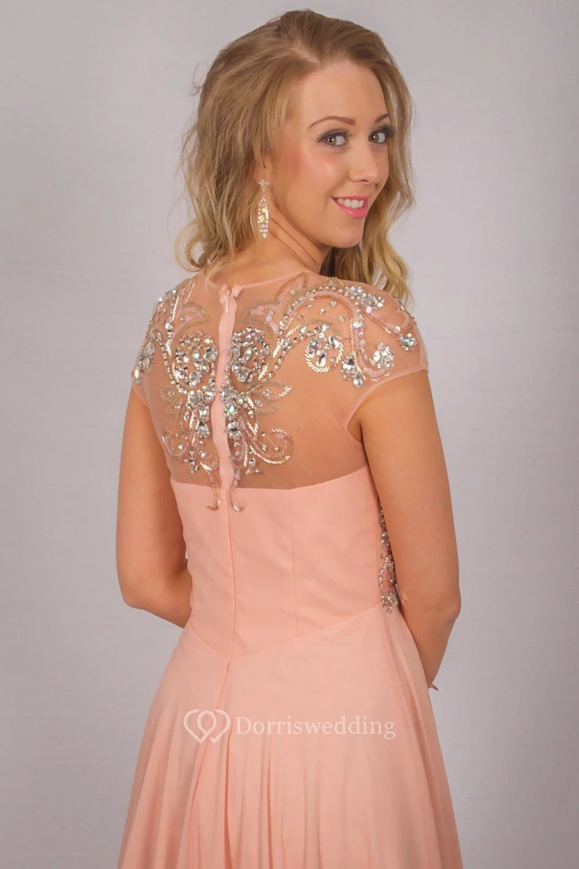 A-Line Beaded Maxi Scoop-Neck Cap-Sleeve Chiffon Prom Dress With Pleats view 2