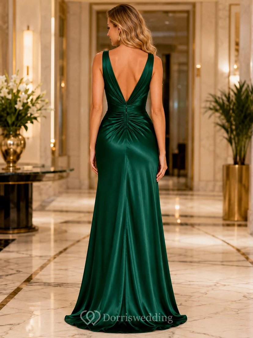 Dark Green Deep V Satin Slit Mermaid Evening Dress view 2