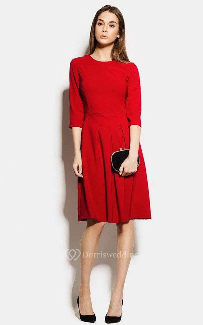 Scoop Neck 3-4 Sleeve A-line Pleated Jersey Dress With Pockets view 2
