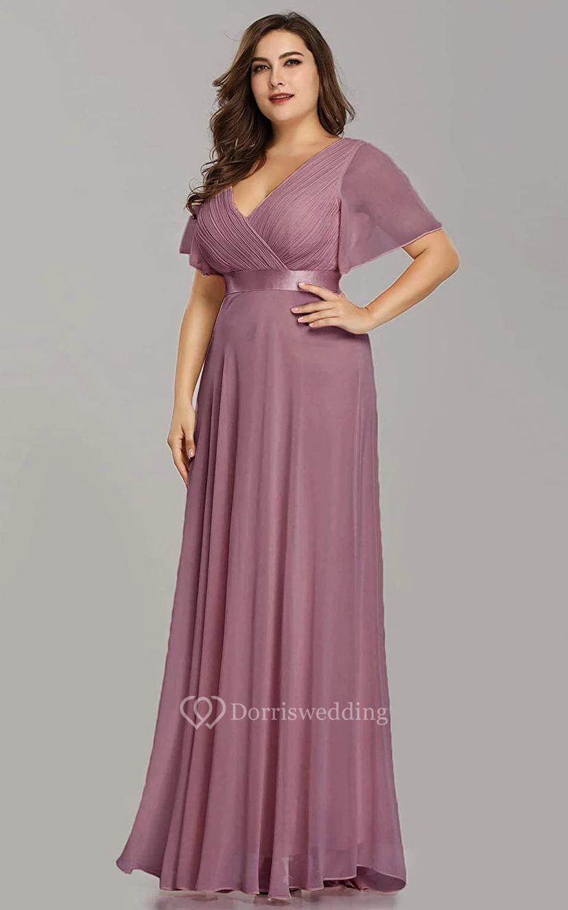 Romantic Chiffon V-neck Half Sleeve A Line Formal Dress With Criss Cross and Ruching view 14