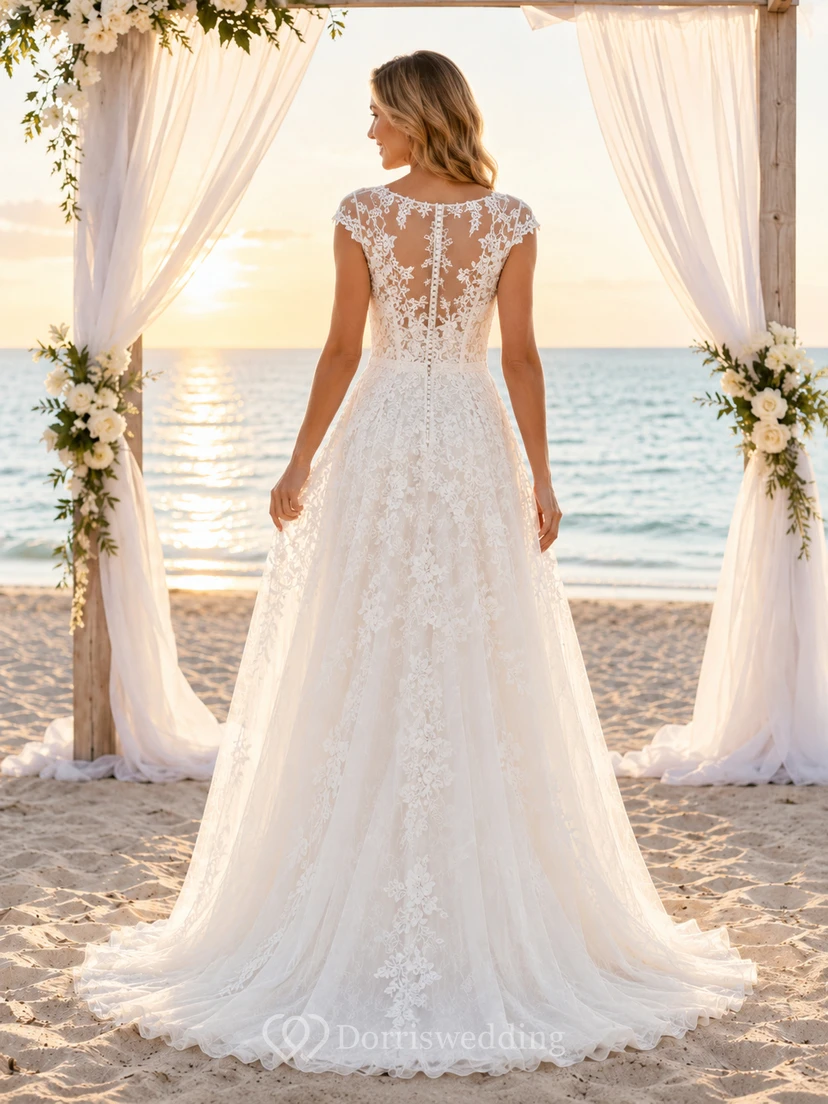 Romantic V neck lace vow renewal A-line wedding dress view 2