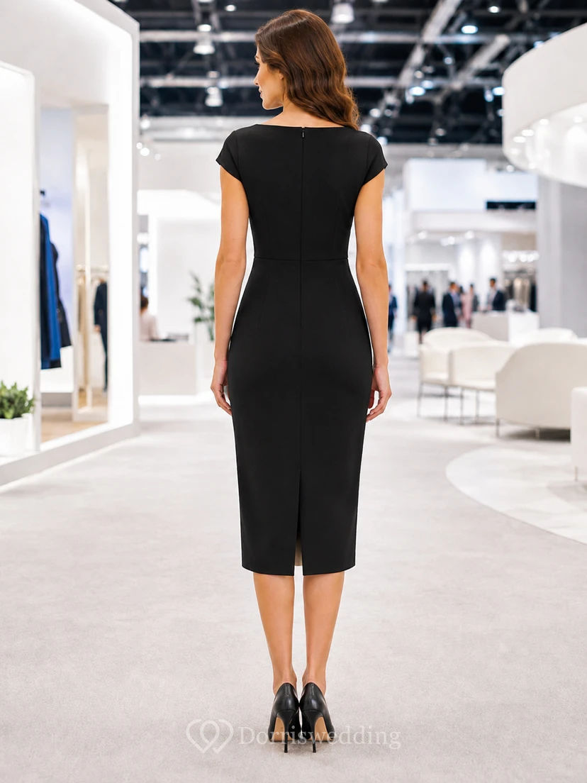 Black cap sleeve jewel neck fitted pencil trade show dress view 2