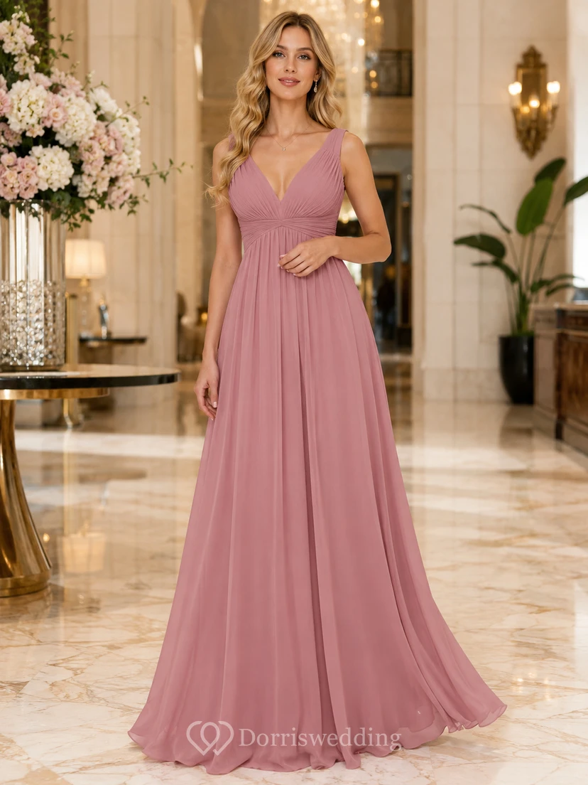 Abendkleid im Empire-Stil aus Chiffon in Altrosa mit V-Ausschnitt