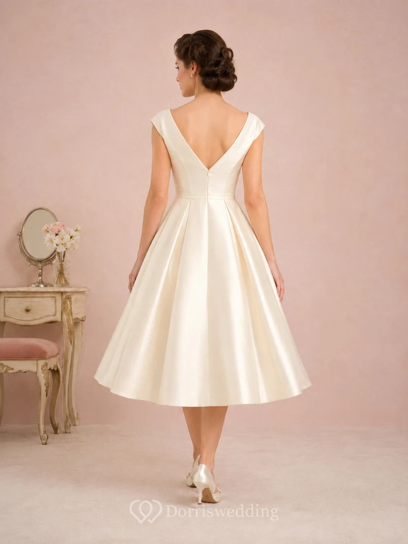 Robe de mariée vintage en satin à manches courtes et col en V, longueur thé view 2
