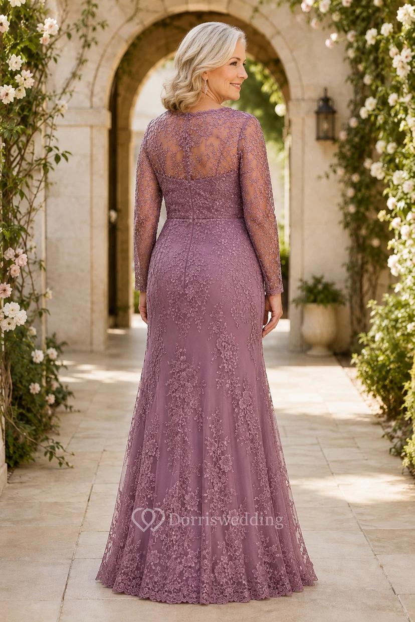 Mauvefarbenes Meerjungfrauen-Kleid mit langen Ärmeln aus Spitze view 2