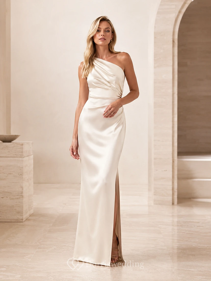 Soft Neutral Minimalist One-Shoulder Slit Satin Evening Dress