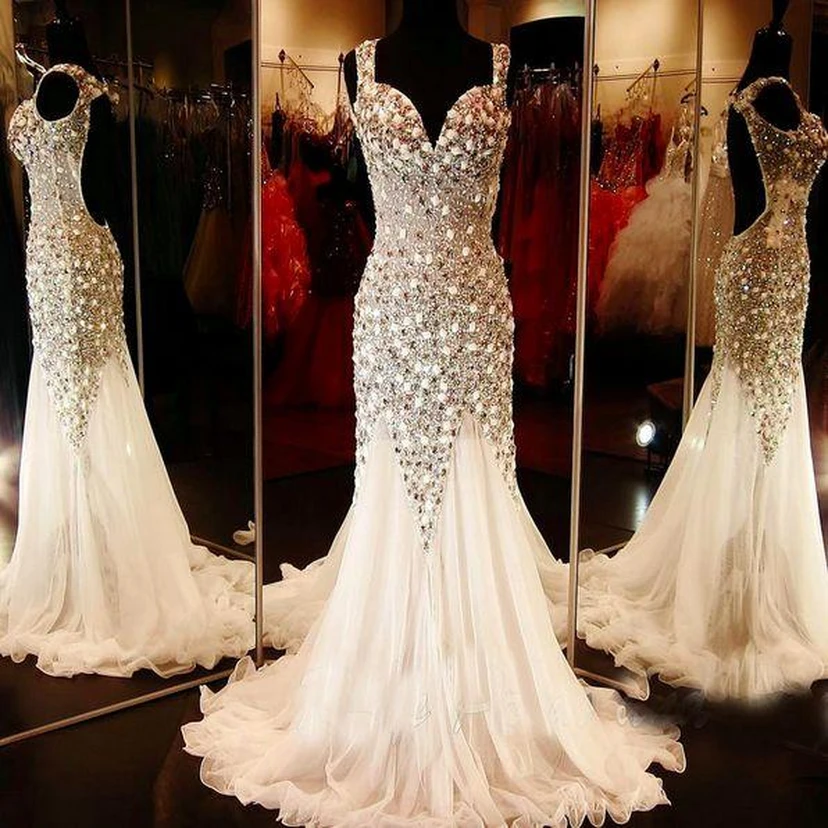 Glamorous V-neck Tulle Evening Dress Beadings Crystals Sweep Train view 2