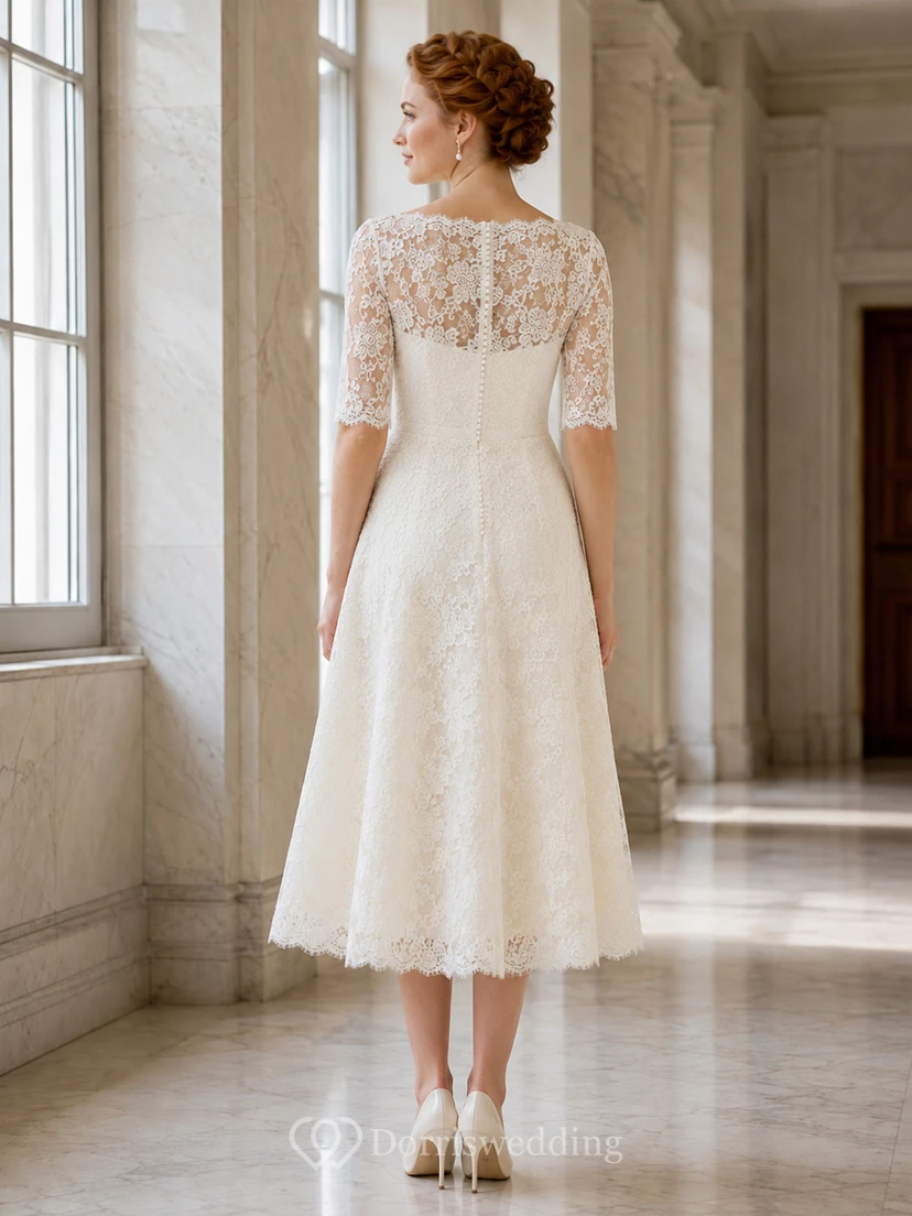 Midi Lace Sleeve A Line Civil Ceremony Wedding Dress view 2