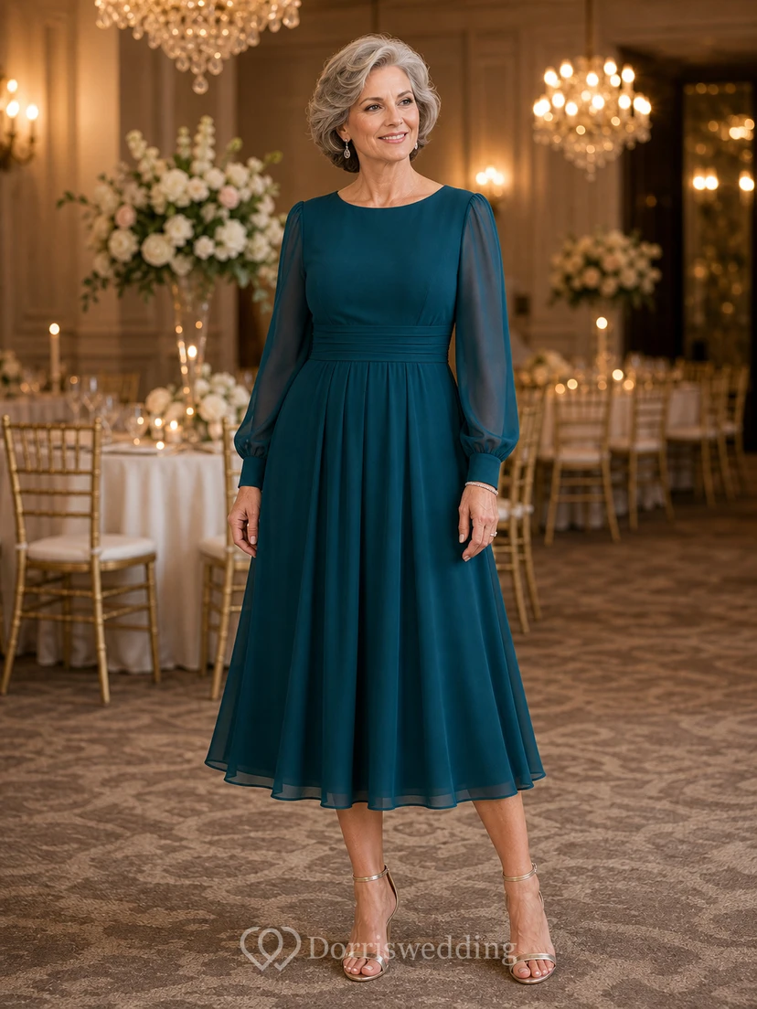 Bateau Long Sleeve Chiffon Midi Dress view 11