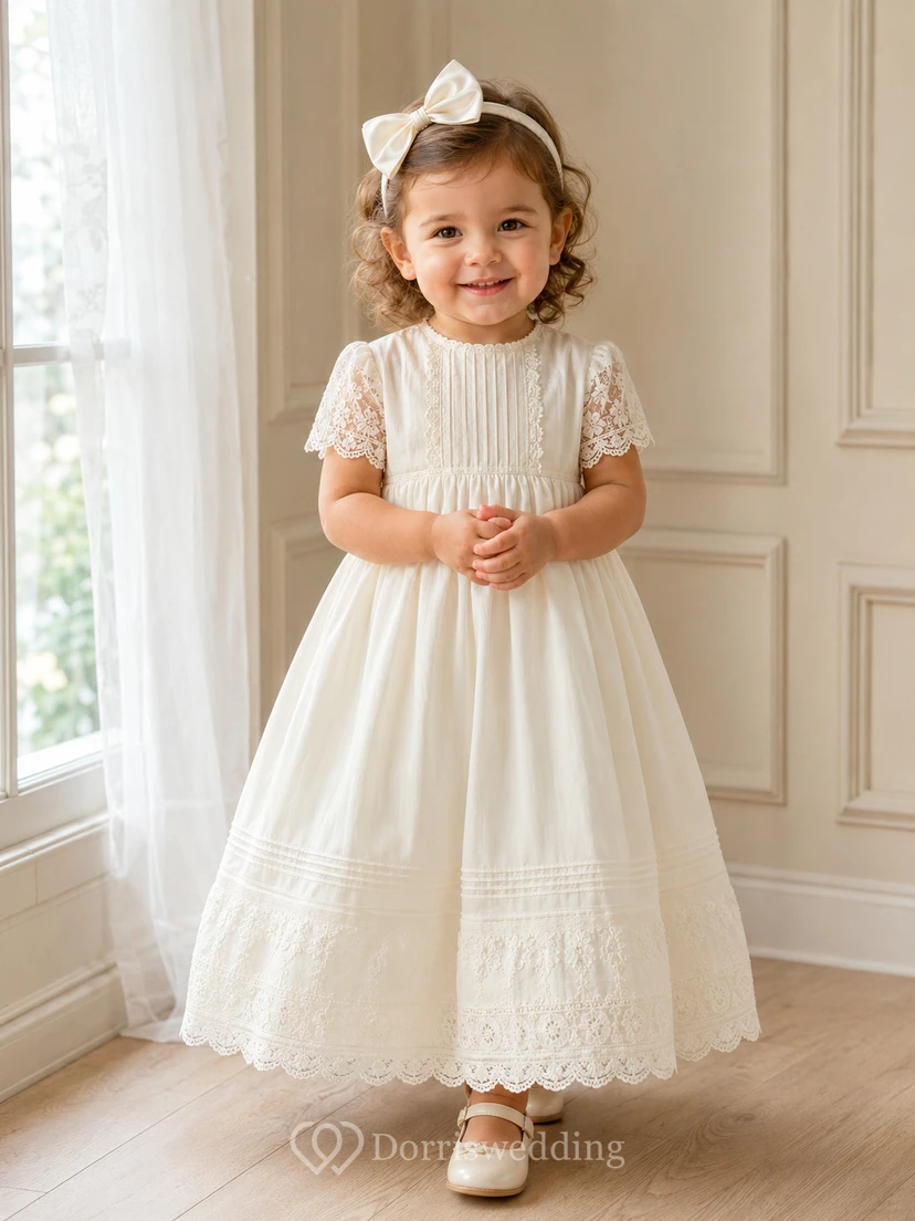Vestido de bautizo para bebé, corte A, largo hasta los tobillos, cuello joya, manga corta, corpiño plisado de tul y encaje, espalda abotonada.