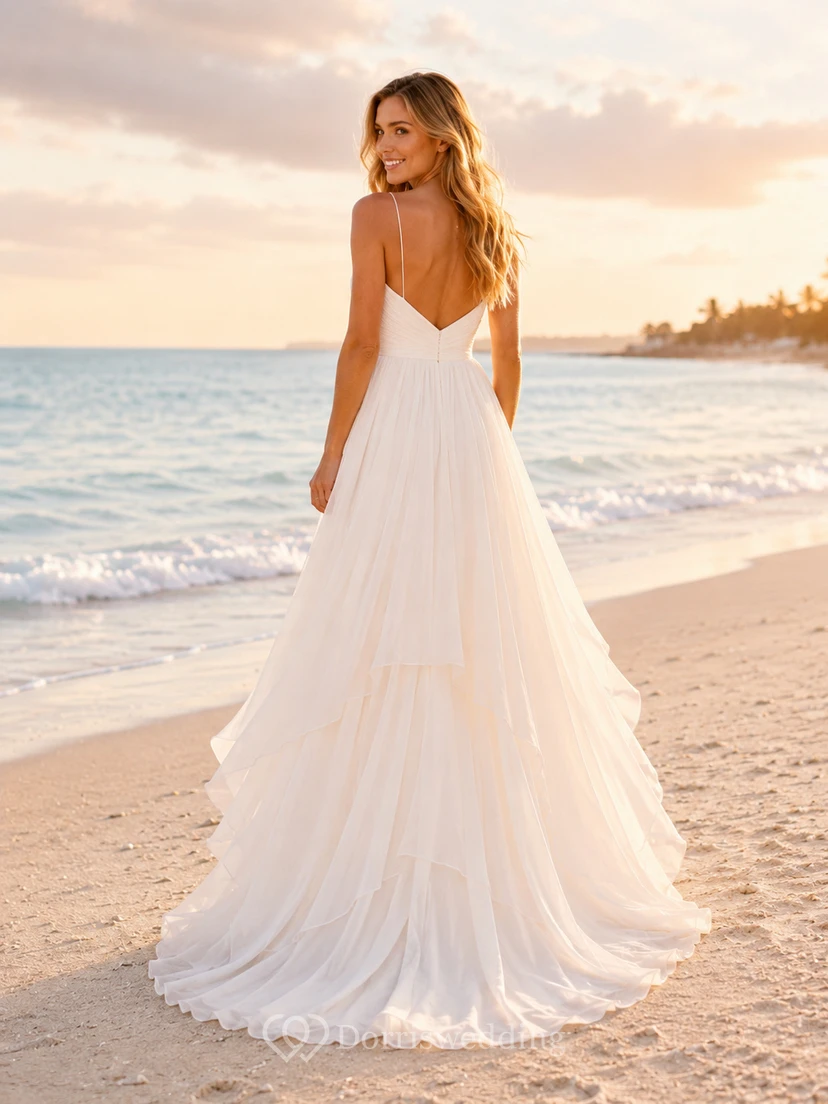Beach Chiffon High Low Spaghetti Strap Wedding Dress view 2