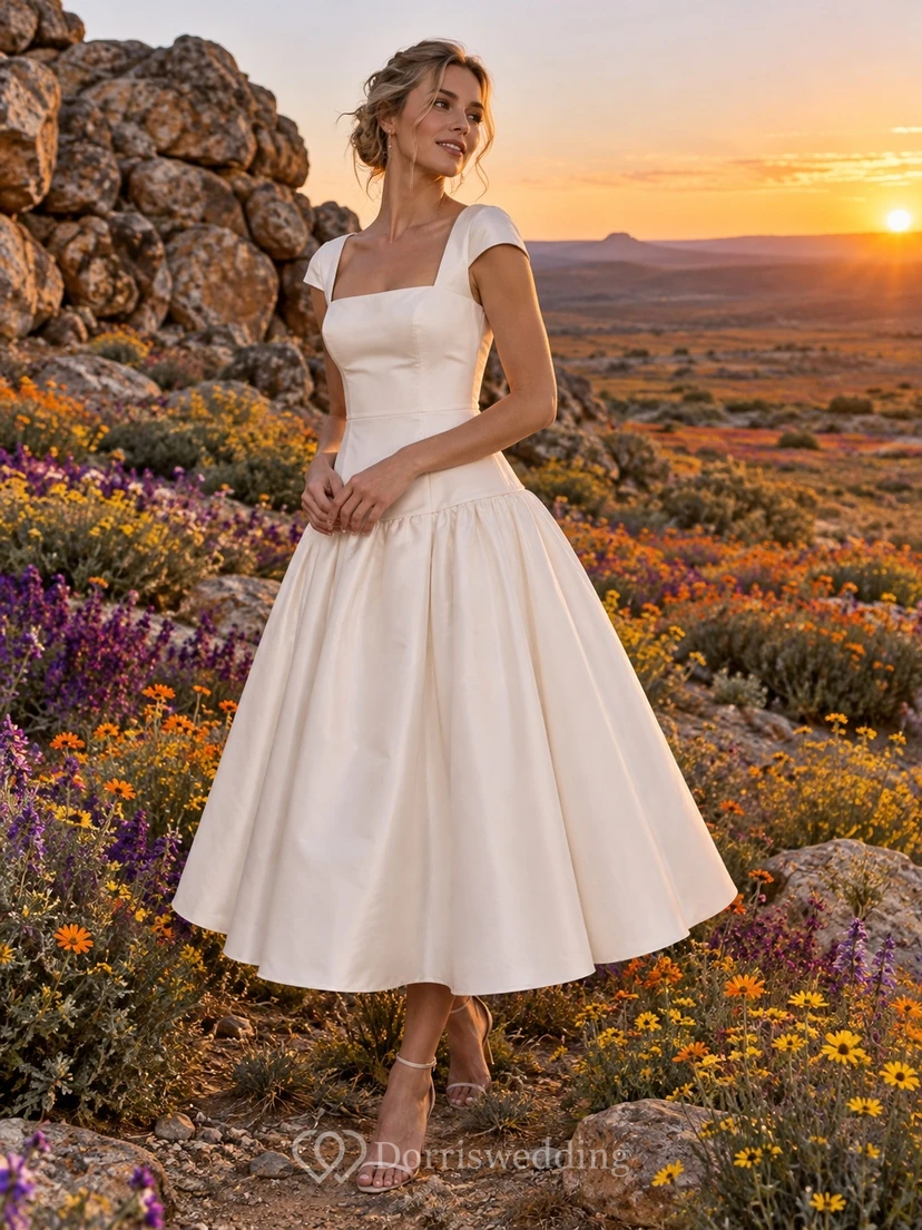 Simple Tea Length Square Neck Satin Cap Sleeve Dropped Waist Wedding Dress