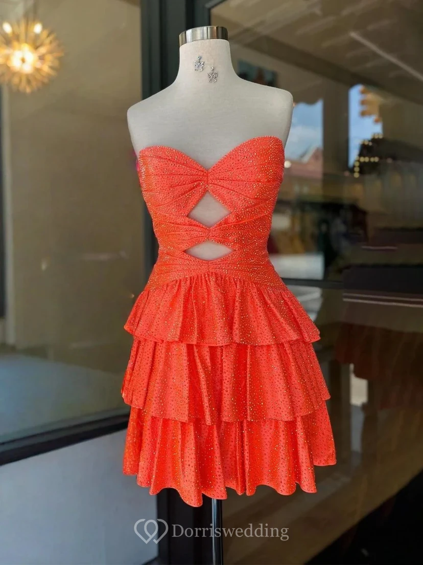 Orangefarbenes, paillettenbesetztes, trägerloses Rüschenkleid view 5