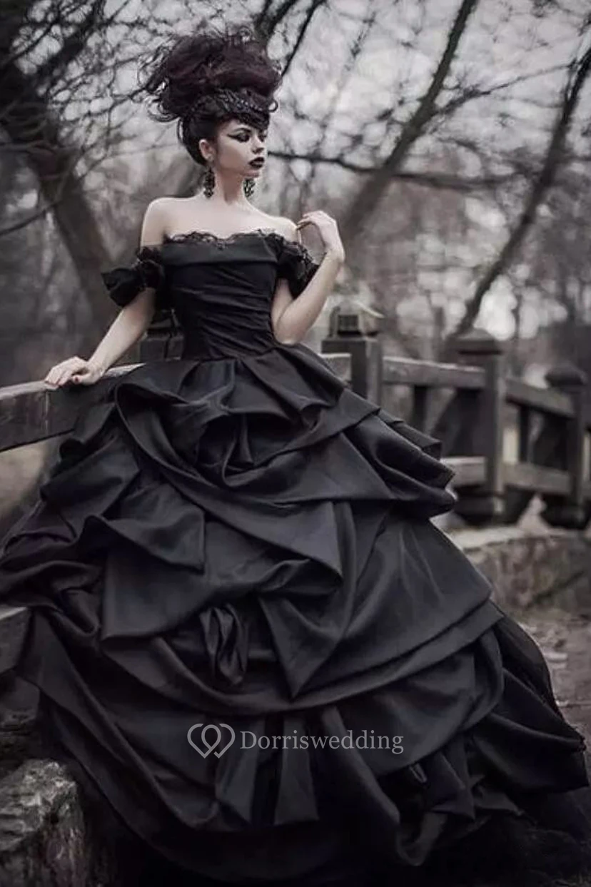 Ball Gown Taffeta Off-the-shoulder Sleeveless Floor-length Princess Wedding Dress with Cascading Ruffles and Ruching
