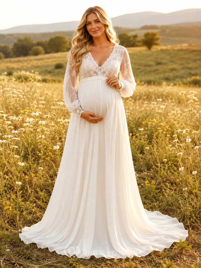 Strandhochzeitskleid aus Chiffon und Spitze, Empire-Stil, V-Ausschnitt, lange Ärmel, bodenlang