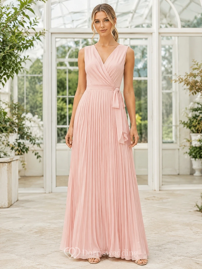 Light Pink Chiffon Wrap Sleeveless Pleated A-line Floor-length Dress