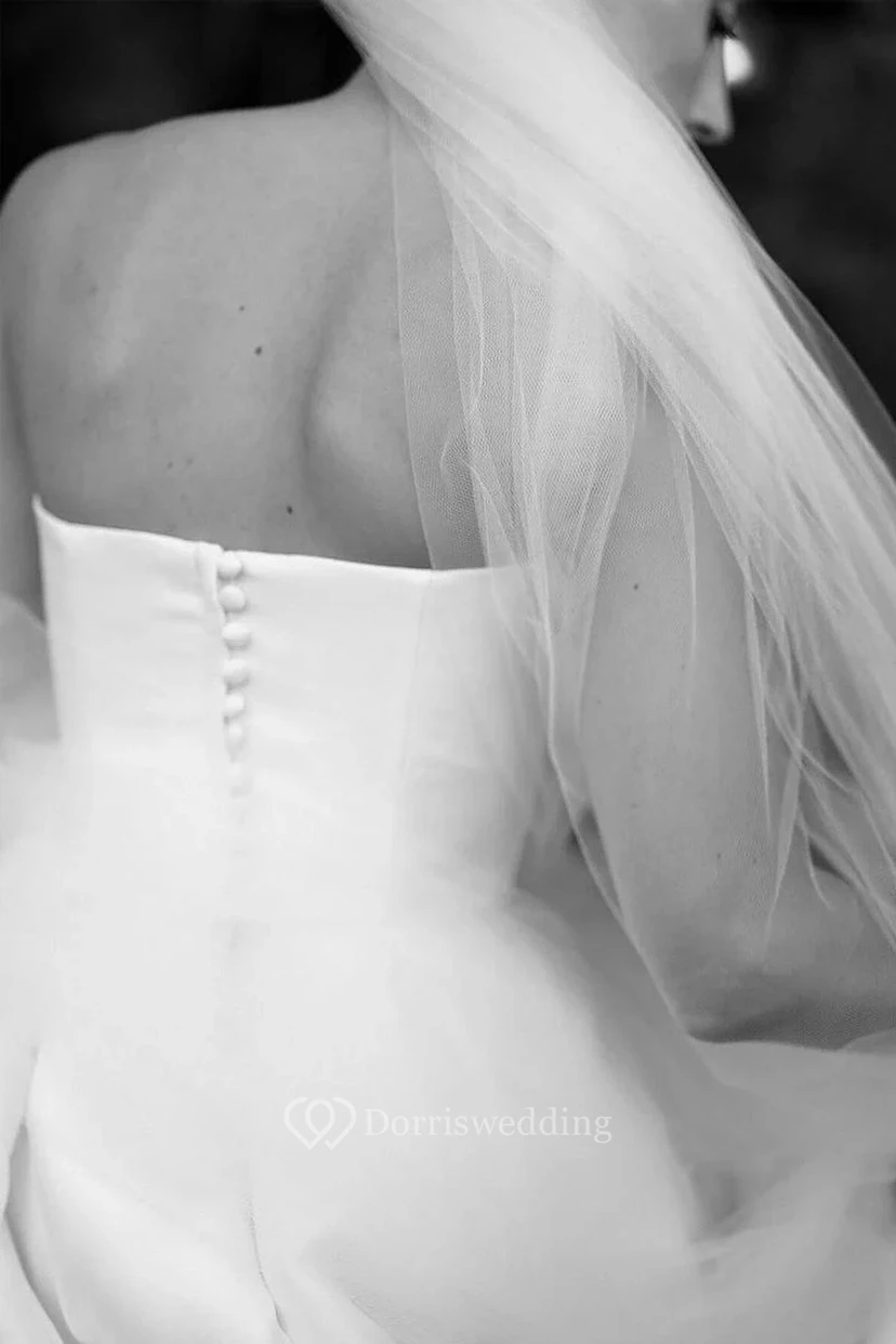 White Strapless Satin Wedding Gown view 4