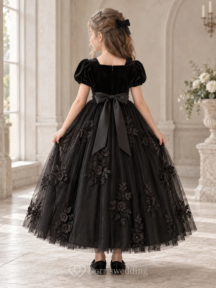 Black Square Neck Puff Sleeve Velvet Floral Tulle Ankle Length Flowergirl Dress view 2