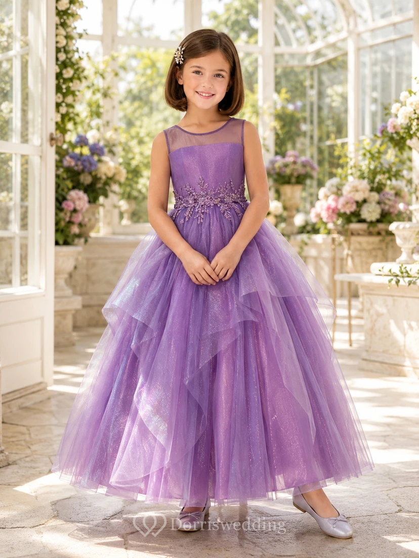 Flower Girl Dress A-Line Orchid Iridescent Tulle Sleeveless Formal Party