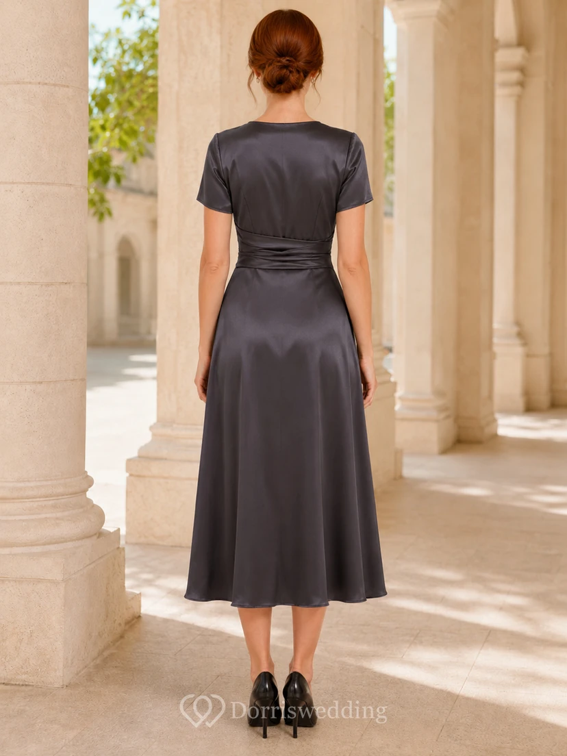 Charcoal Short Sleeve Ruched Wrap Satin Luncheon Dress view 2