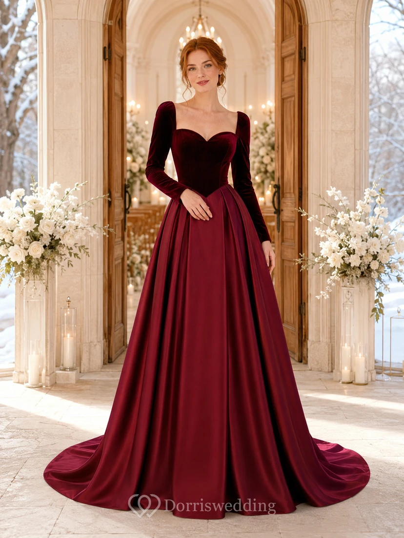 Burgundy Red Sweetheart Long Sleeve Chapel Train Wedding Dress