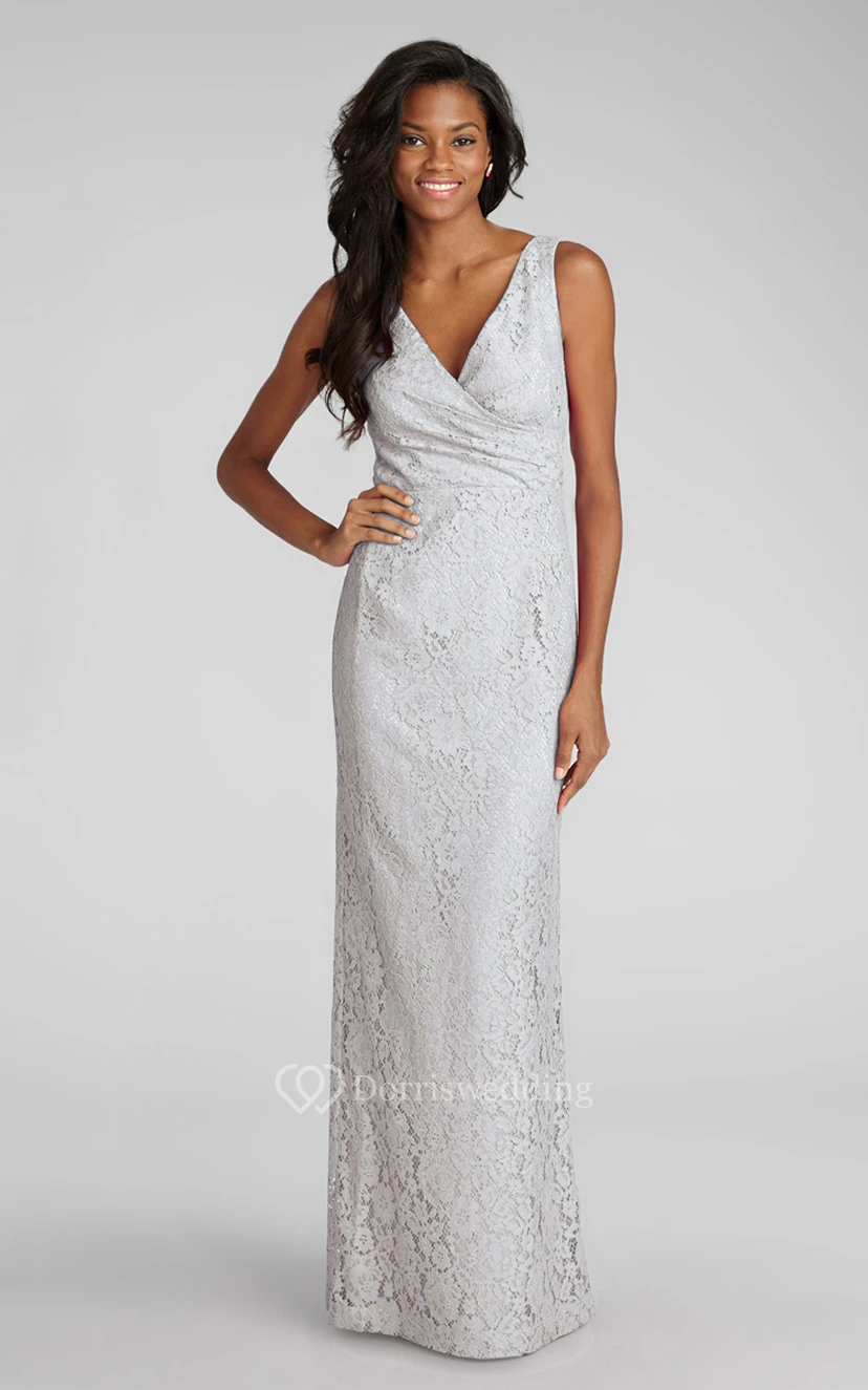 Impressive Sheath Floor-length Lace Dress with V-neck and Criss Crossed Ruching  view 2
