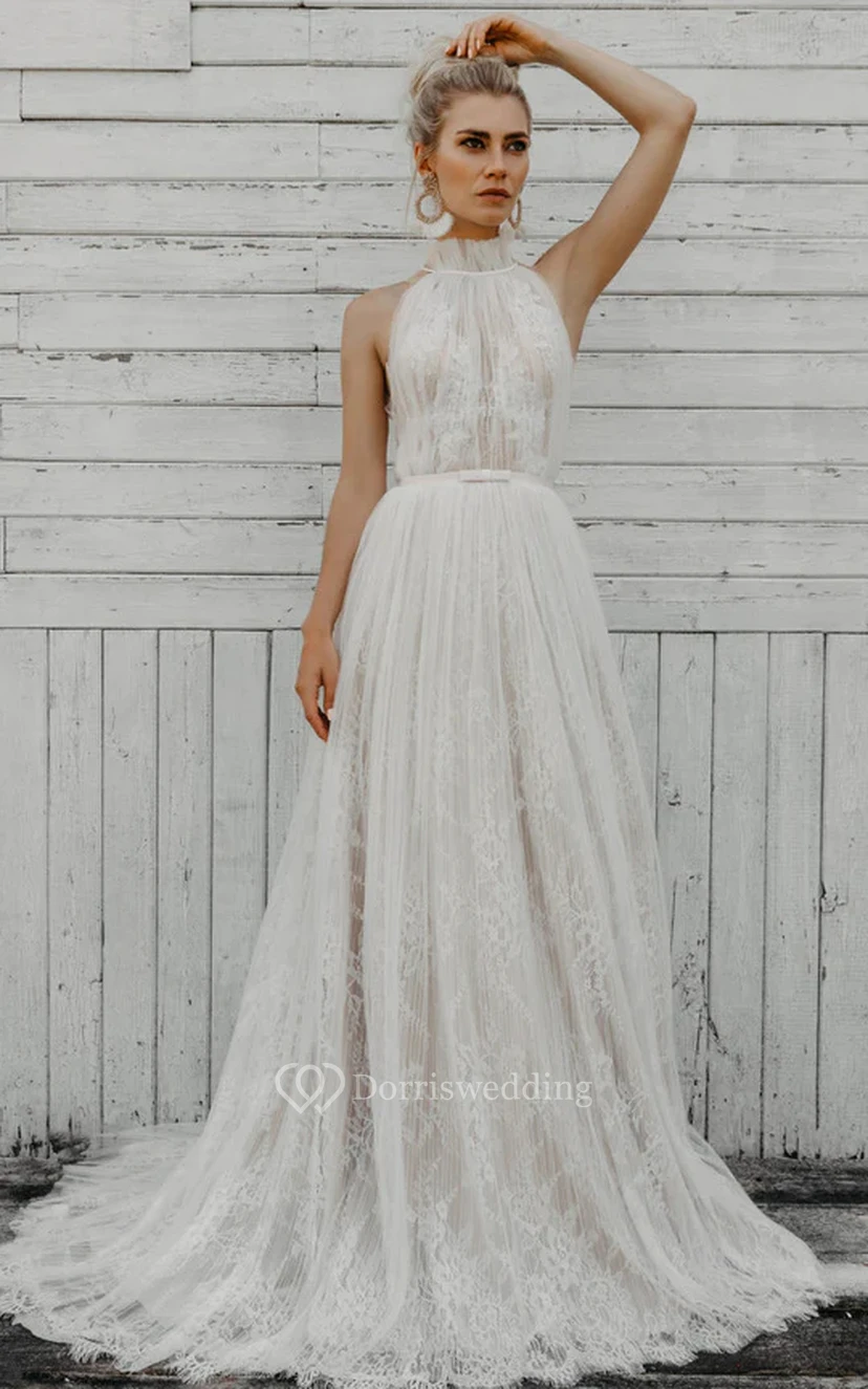 Ethereal Illusion High-neck Tulle Lace Flowy Country Wedding Dress view 4