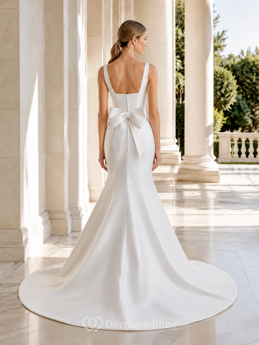 Robe de mariée sirène élégante en satin, col carré, sans manches, traîne courte et dos nu, avec encolure carrée et nœud. view 2