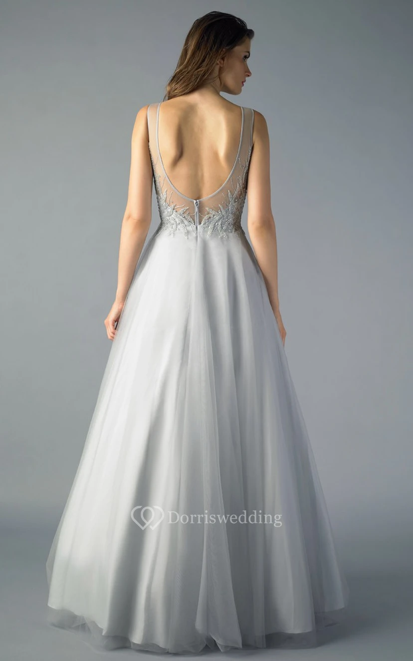 A-line Floor-length Bateau Sleeveless Tulle Low-V Back Dress view 2